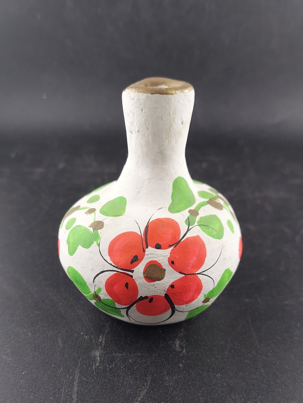Mexican Vintage Terracotta Hand-Painted White  Bud Vase with Red Floral Motif
